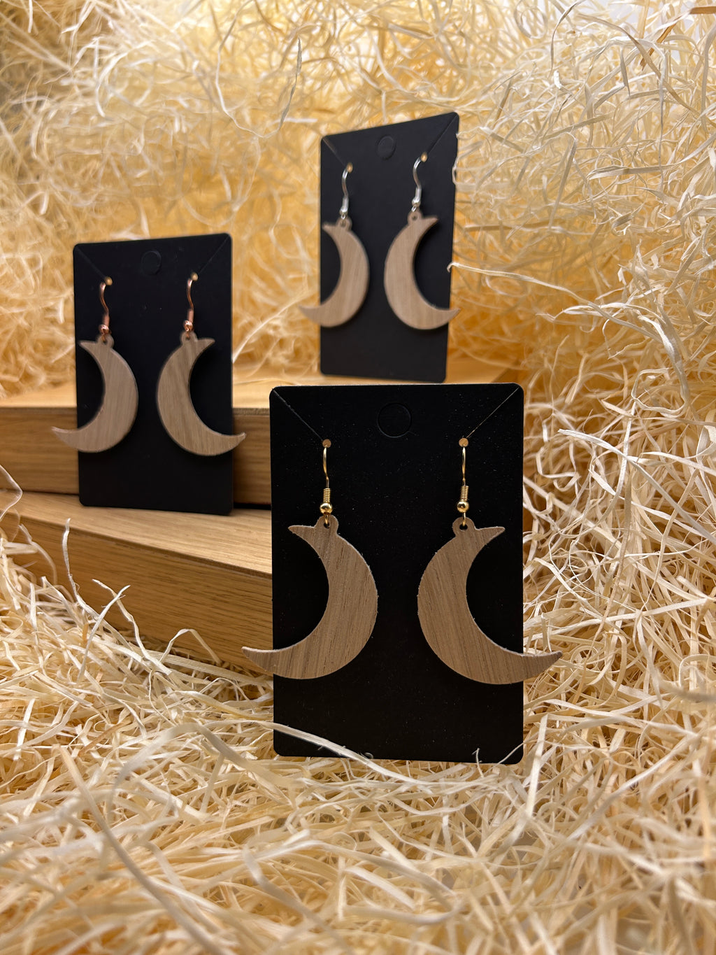 Monica Wooden Earrings – Handmade Oak Crescent Moon Earrings, Celestial Scandinavian Jewelry, Gift for Her