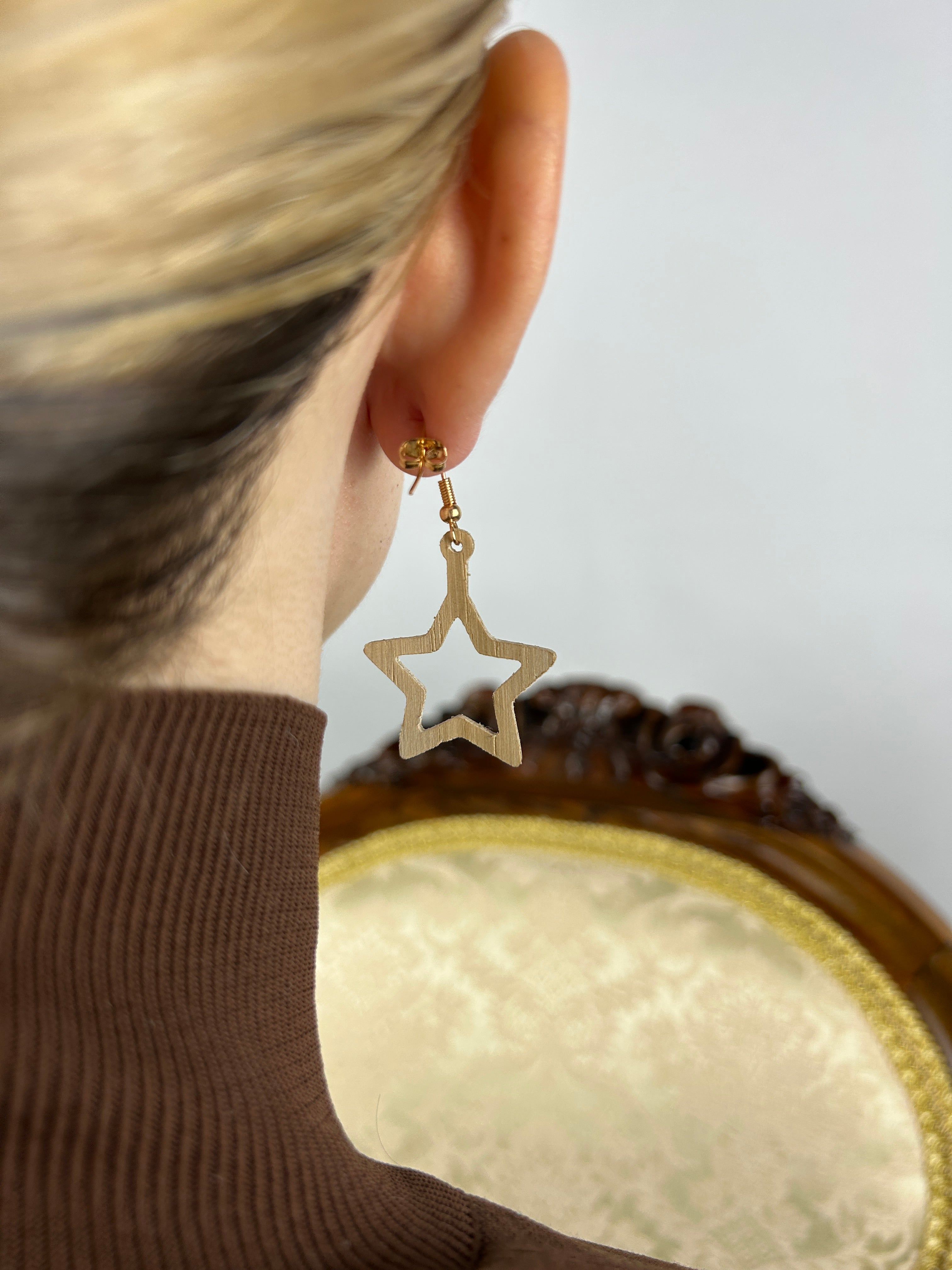 Emma Wooden Earrings – Handmade Oak Star Earrings, Lightweight Scandinavian Jewelry, Gift for Her
